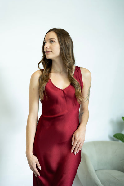 Red, satin, midi dress