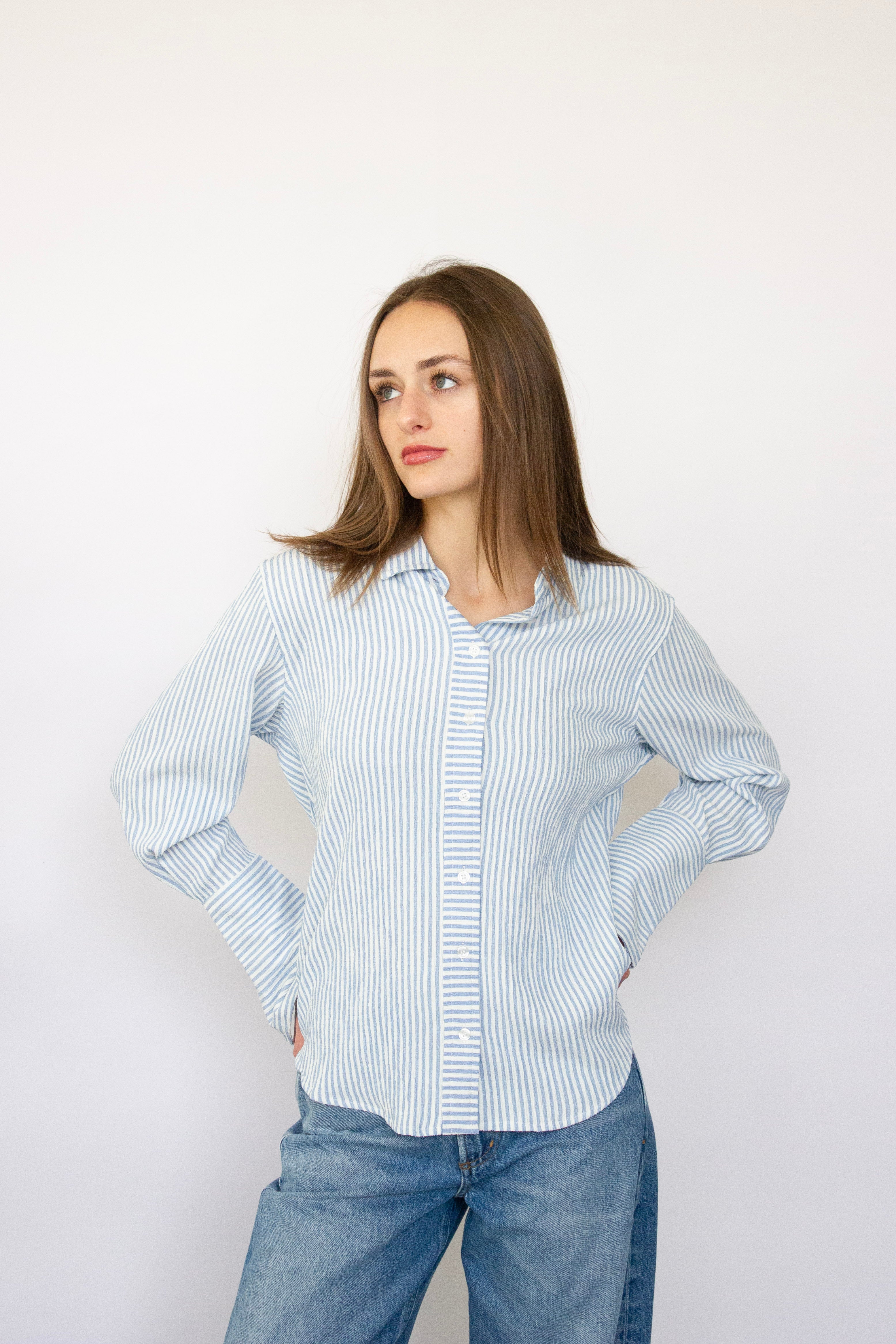 Blue and white striped button down with extended cuffs