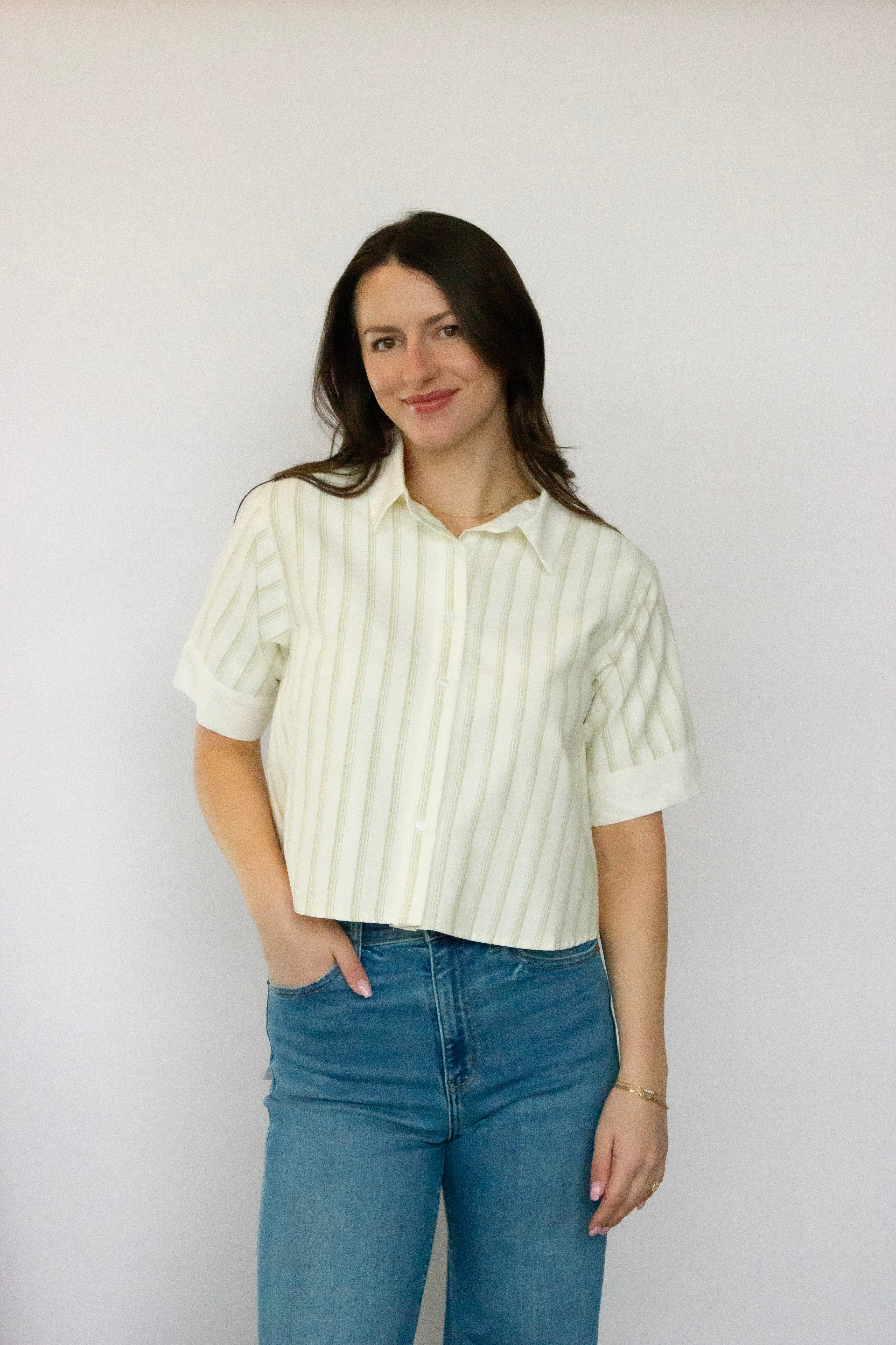 Green and white striped collared blouse