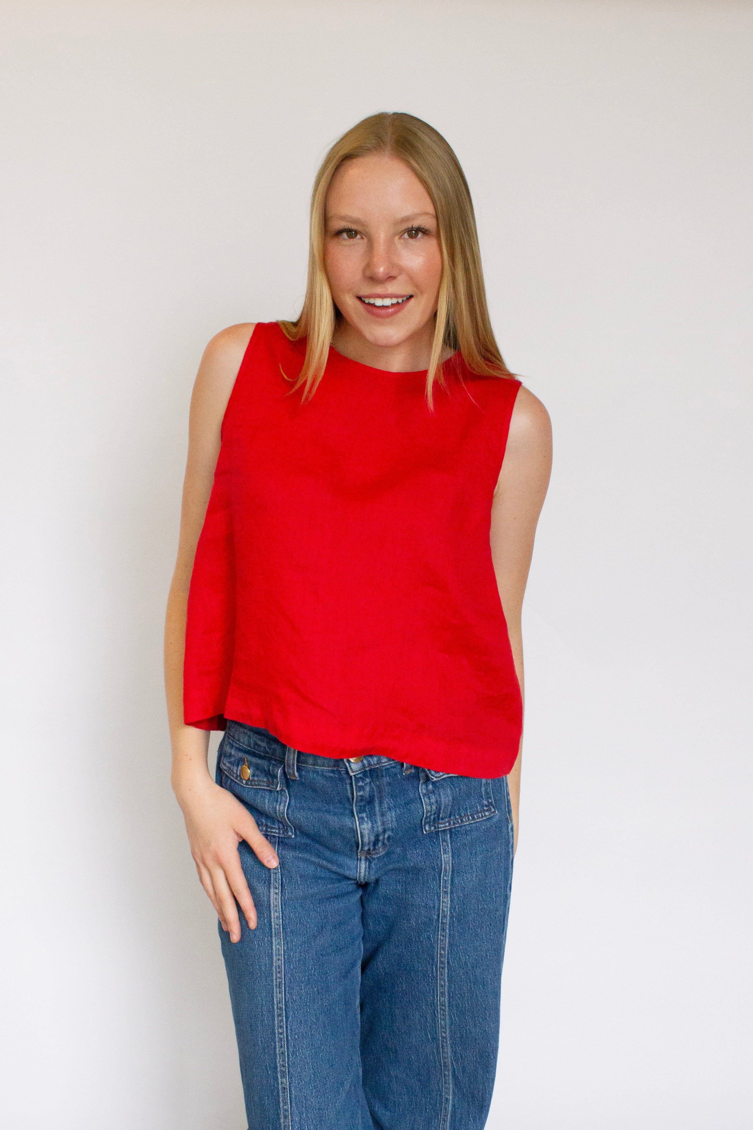 Red linen top with back pleat