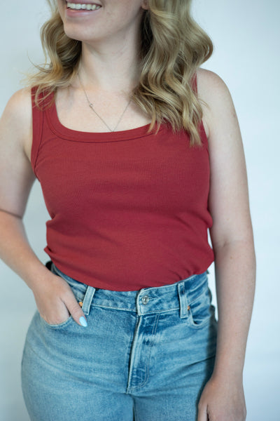 Red ribbed tank top