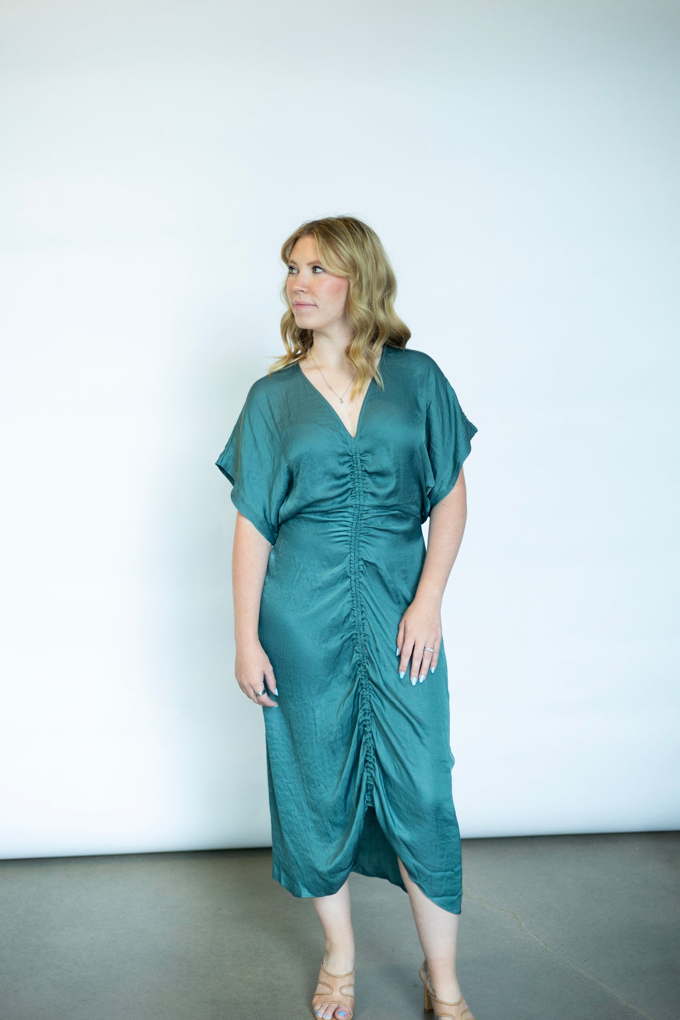 Teal satin wedding guest dress