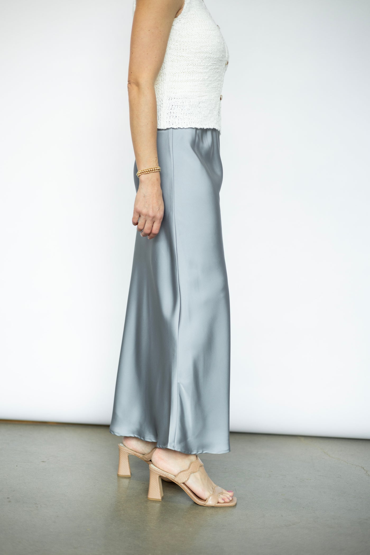 Silver satin maxi skirt