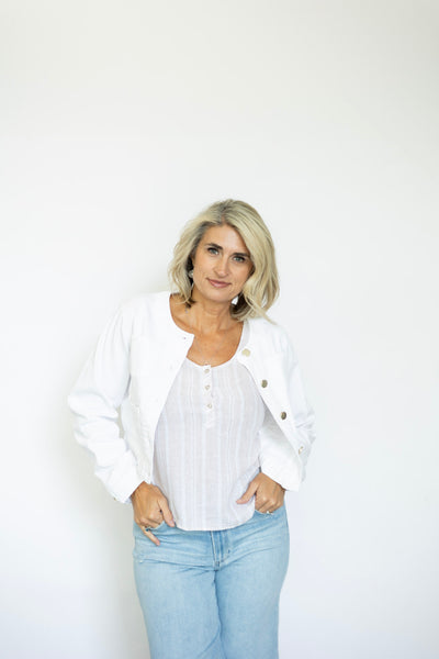 Cropped white denim jacket