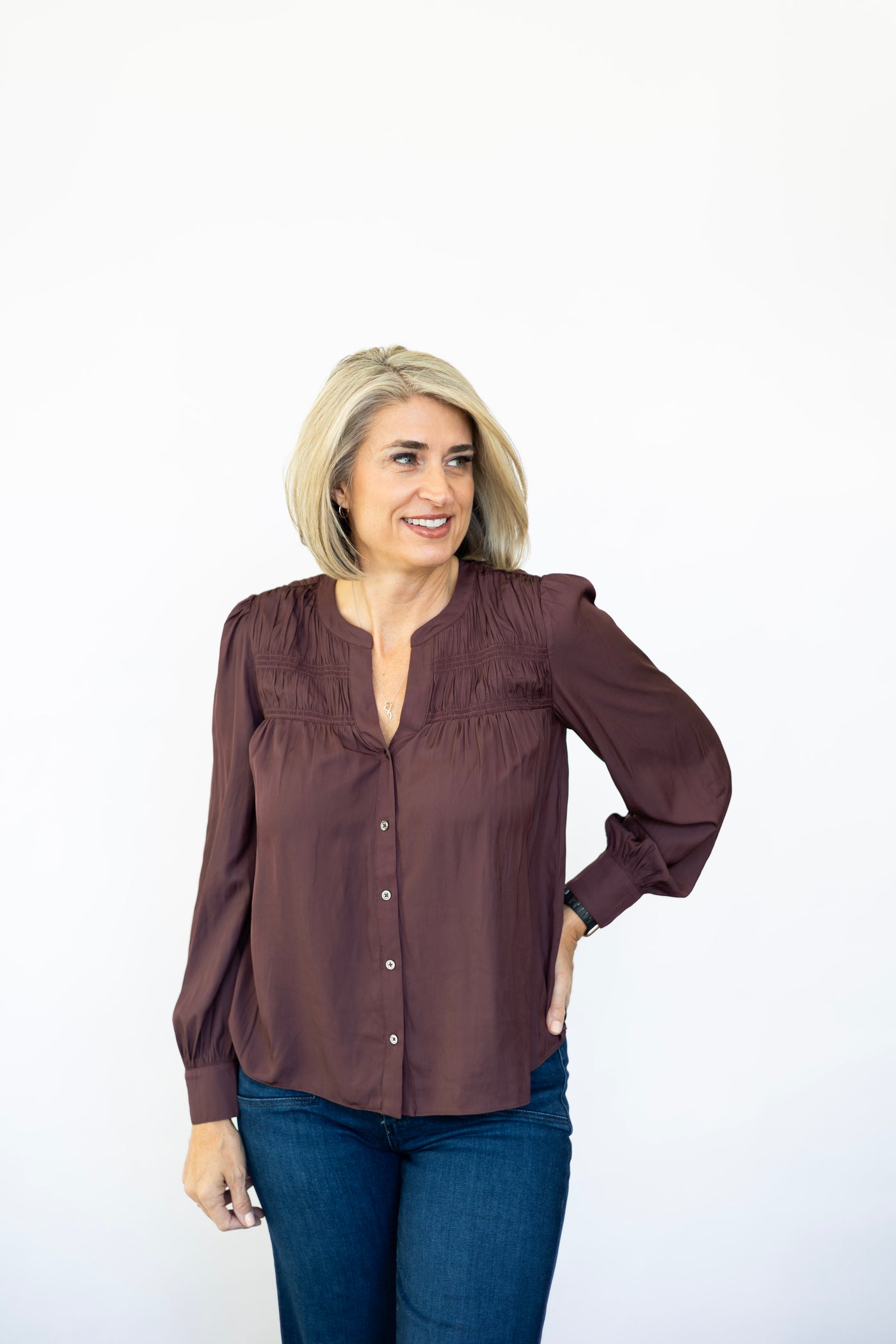 LS Split Neck Button Down Blouse