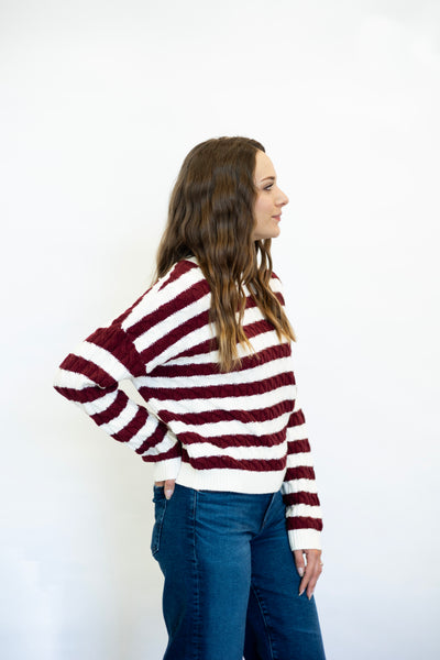 Stripe Crew Neck Cable Knit Sweater