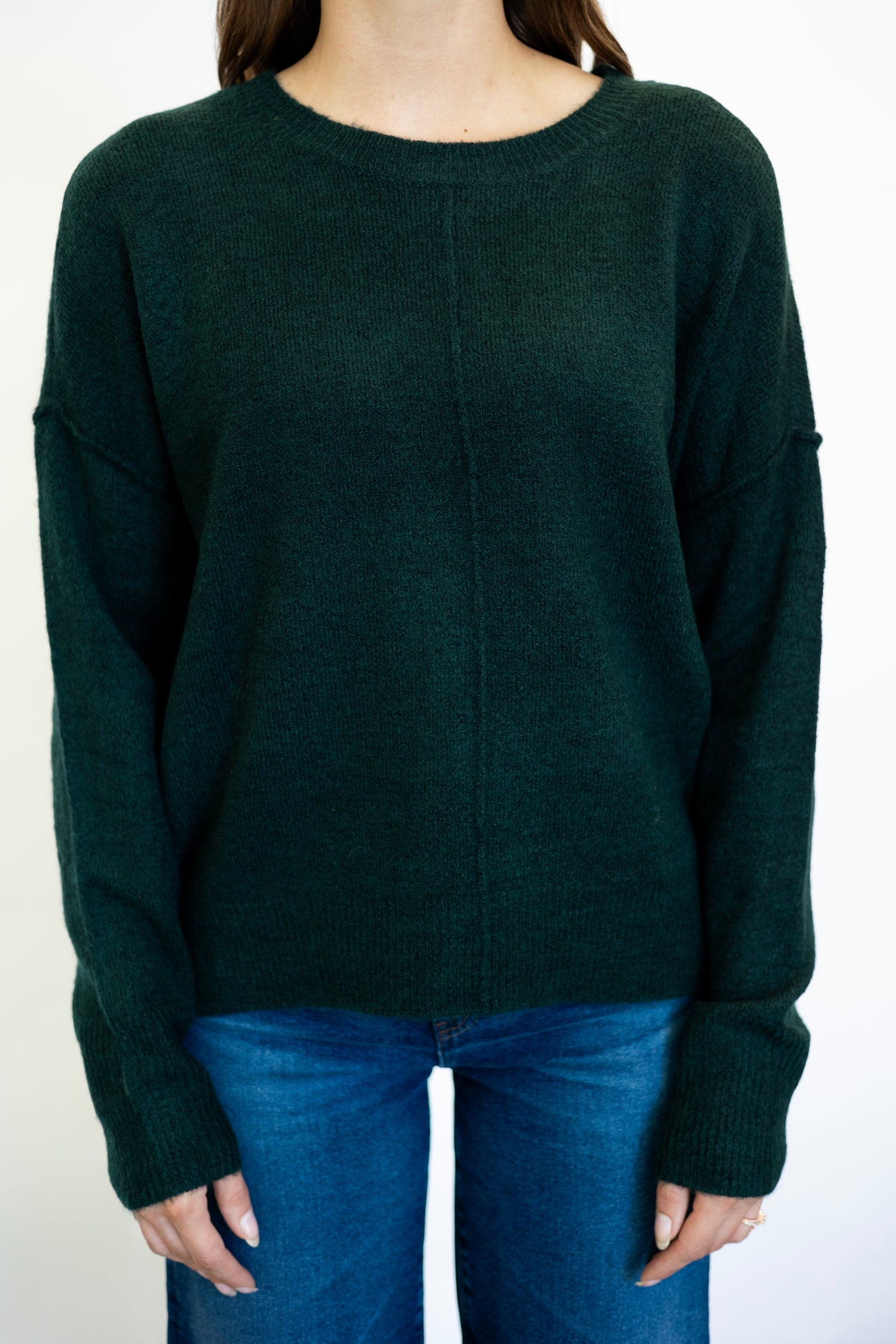 Solid Crewneck Front Seam Knit Sweater