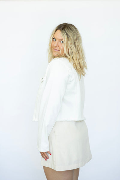 Boat neck white denim jacket