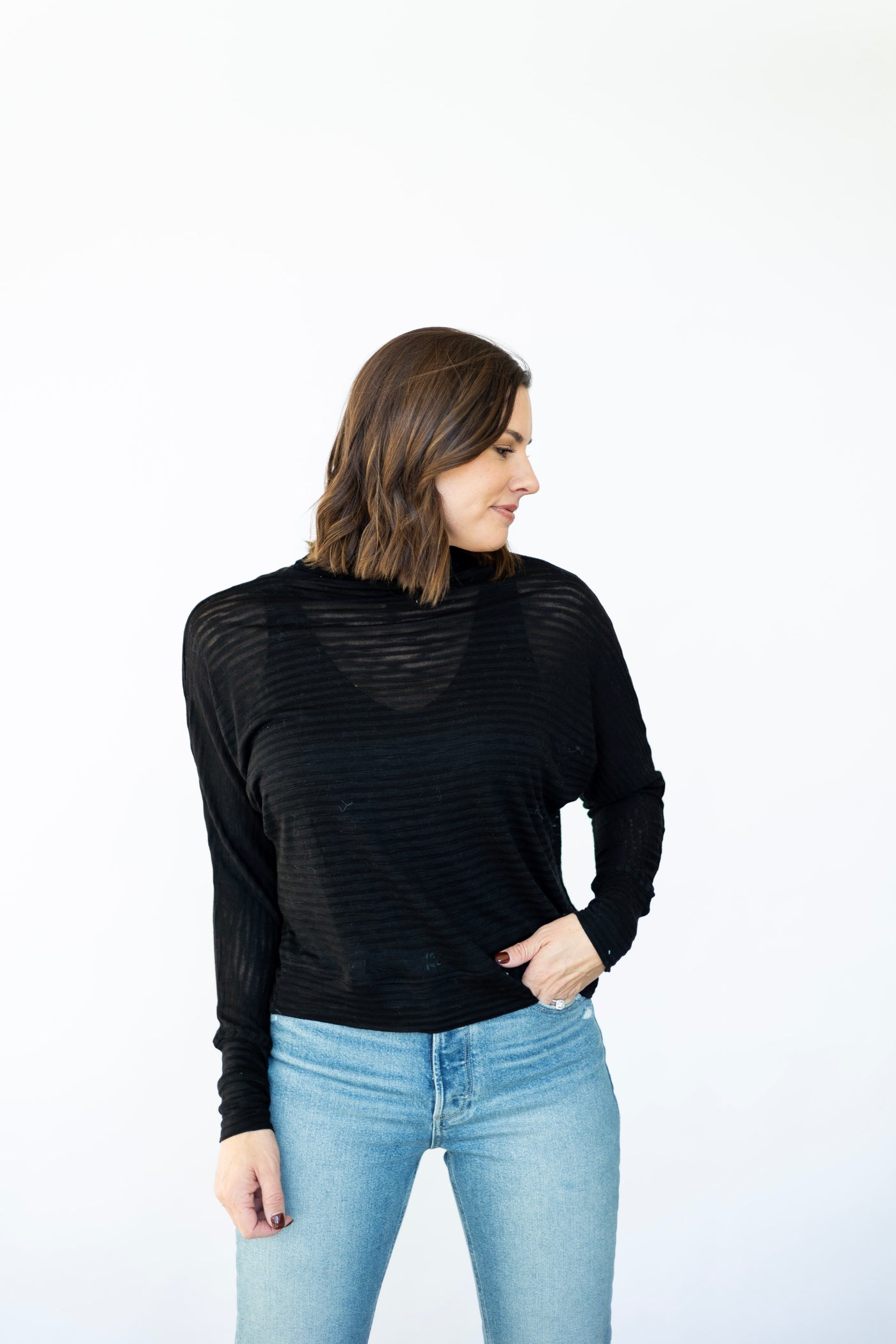 Sheer Stripe Funnel Neck Top