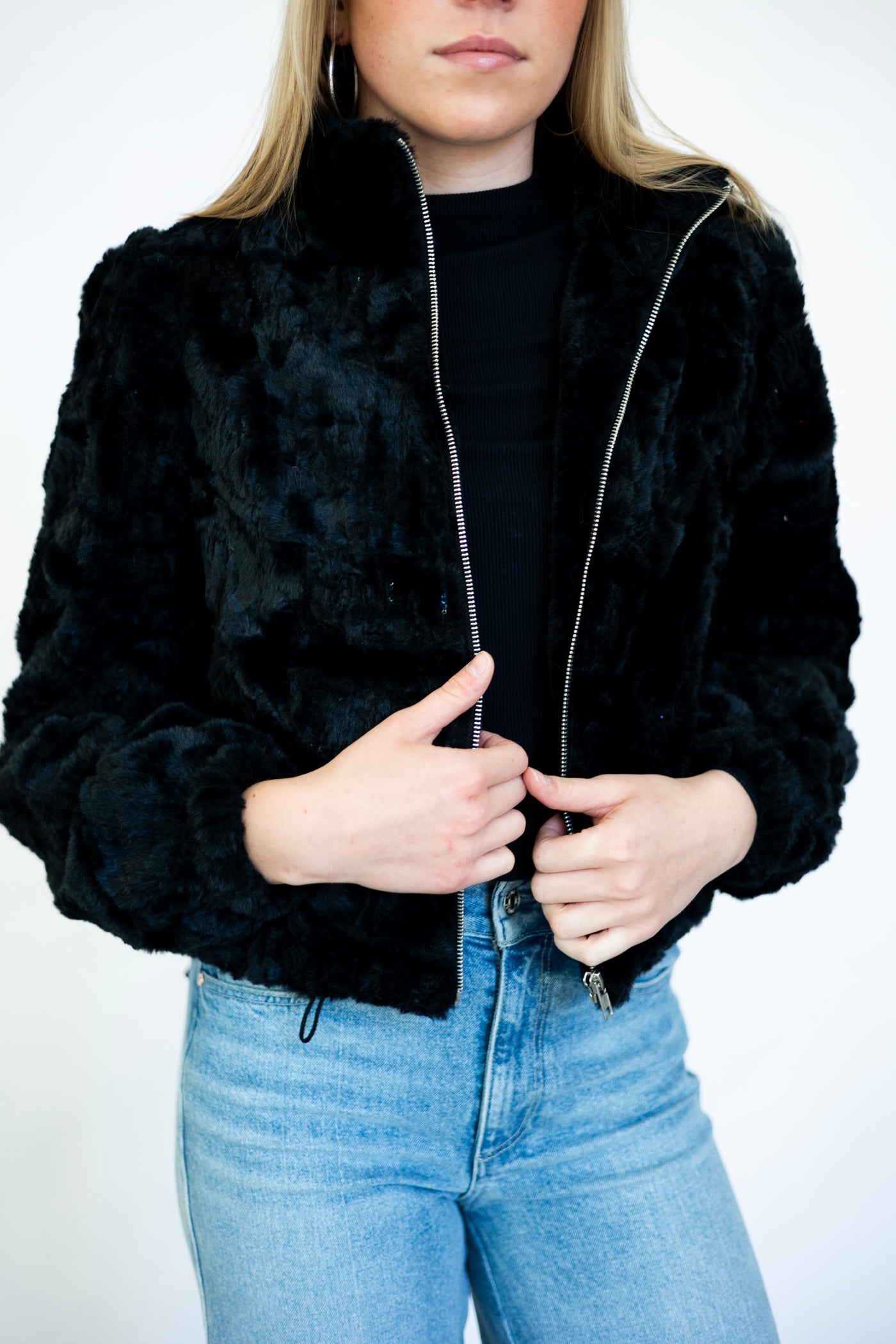 Sequin Faux Fur Puff Sleeve Jacket