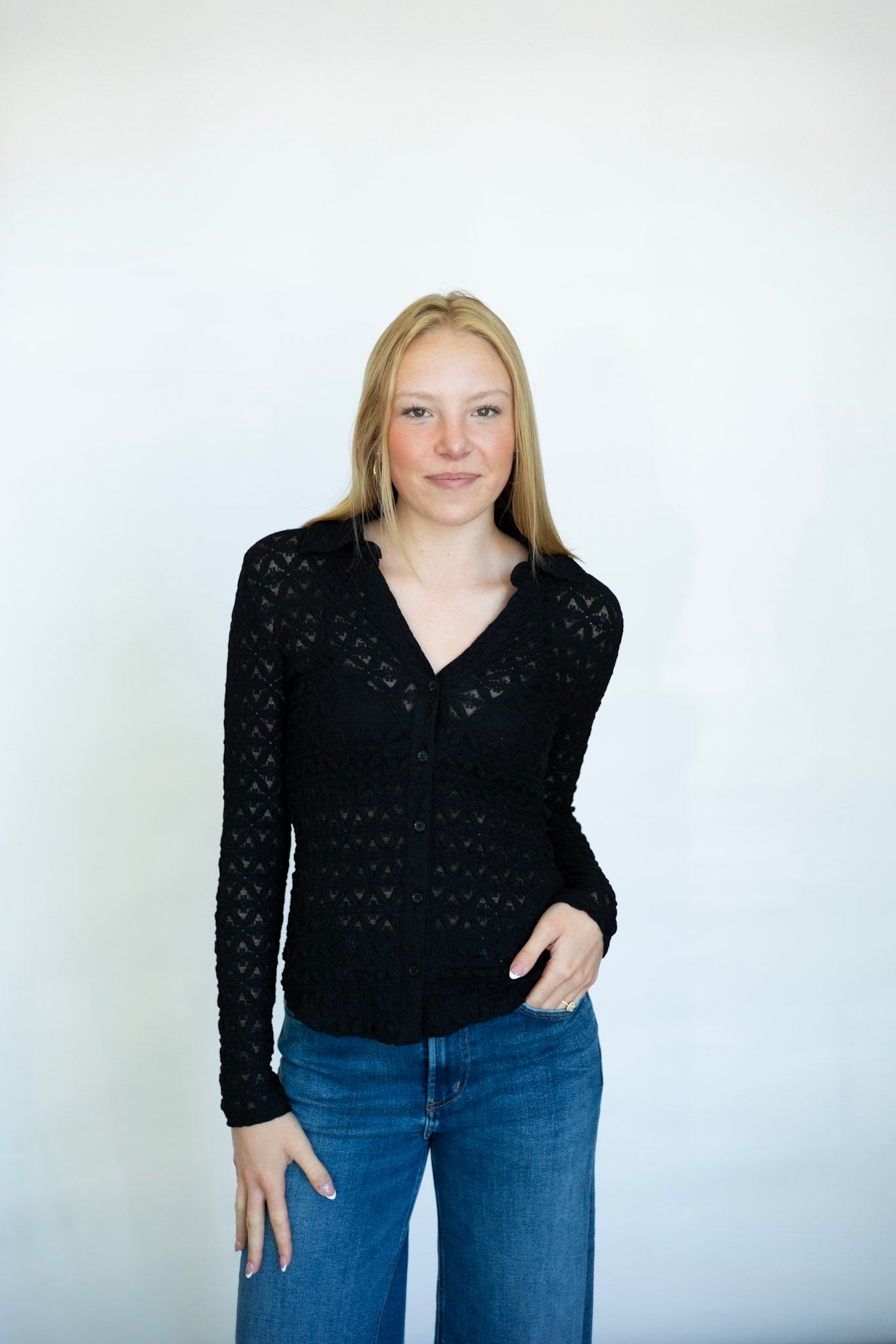 Sheer lace long sleeve button down 