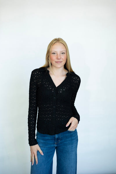Sheer lace long sleeve button down 