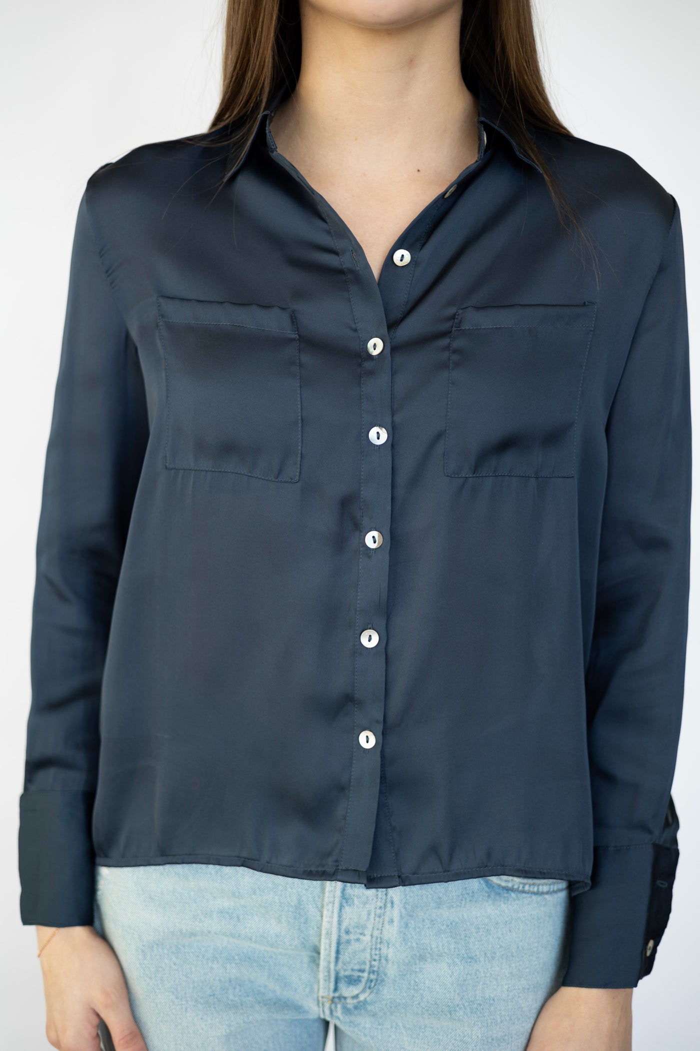 Women's satin, navy blue button down