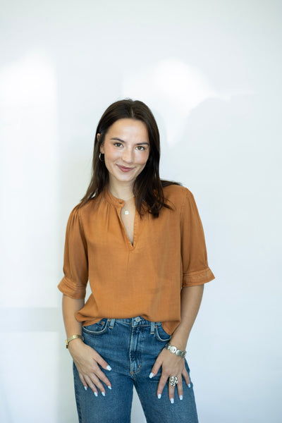 Orange half sleeve denim blouse