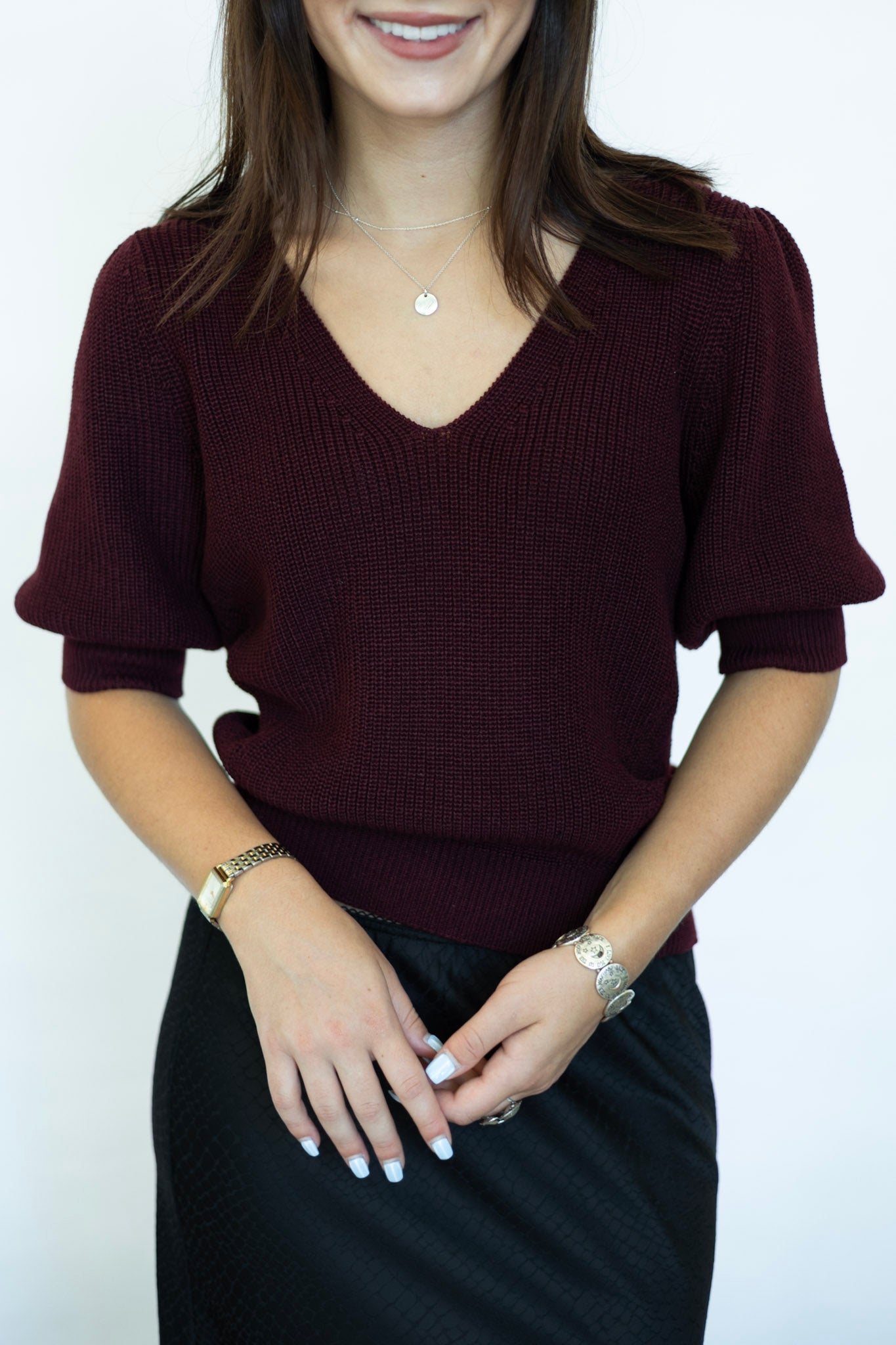 Wine red half sleeve knitted blouse