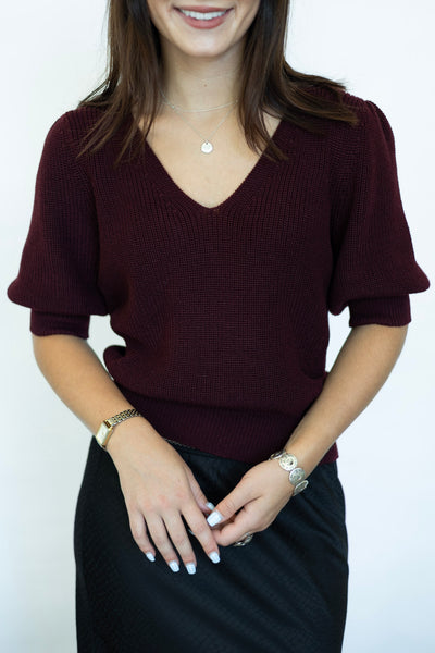 Wine red half sleeve knitted blouse
