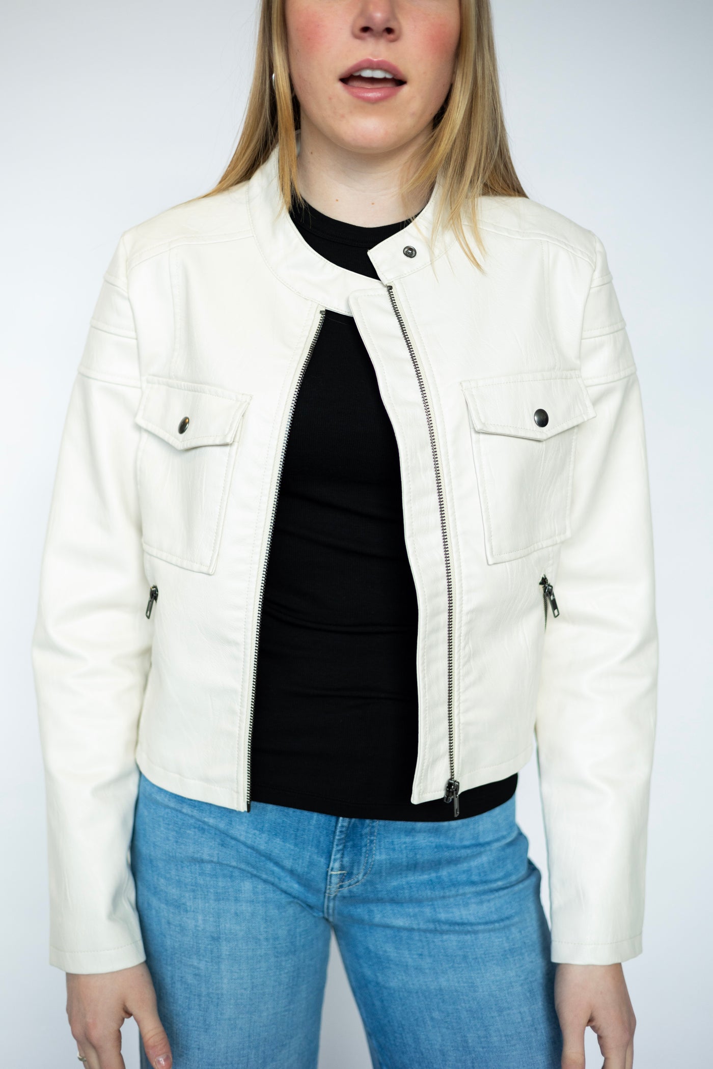 Cropped, white leather jacket