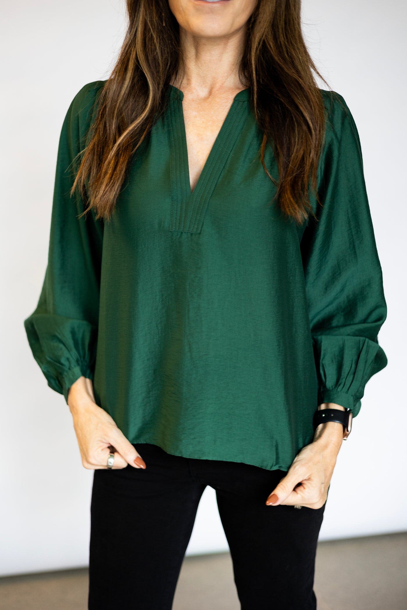 LS Split Neck Blouse w/ Pleats