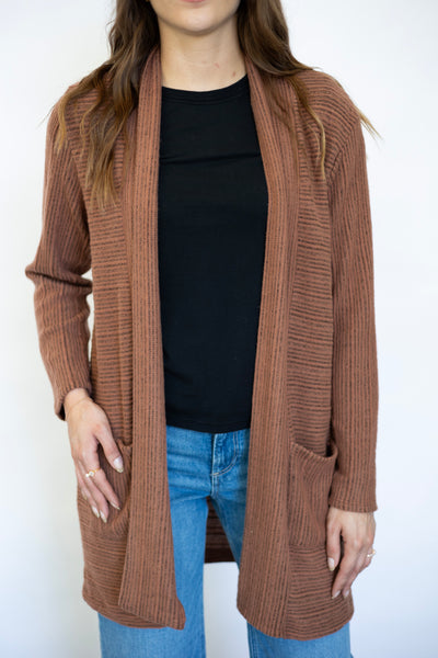 Stripe Texture Open Front Cardi w/ Pockets