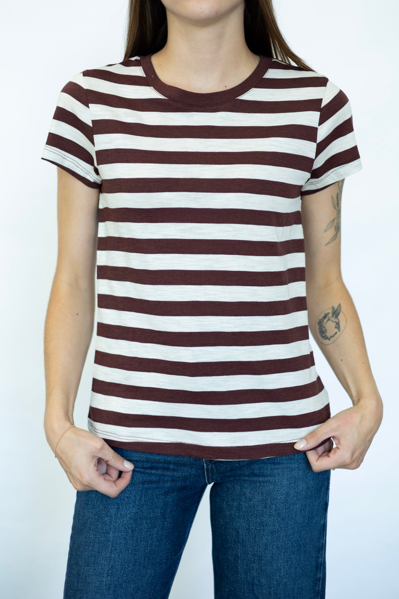 Women's maroon striped tee