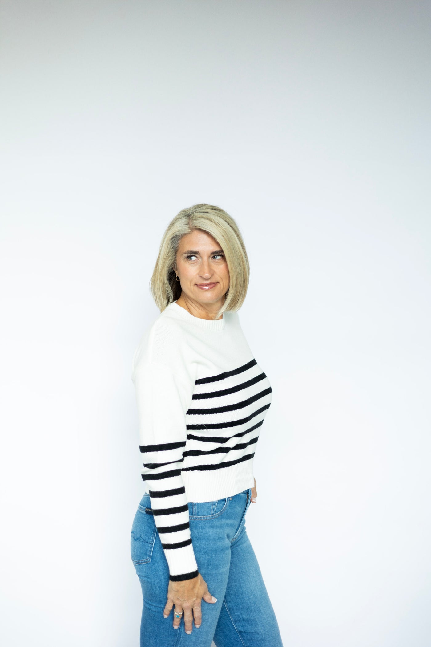 Women's, black and white striped sweater