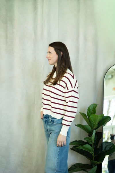 Off white and burgundy striped sweater