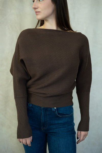 Ribbed, off the shoulder, brown sweater