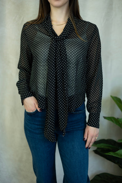 Mesh polka dot blouse with neck tie