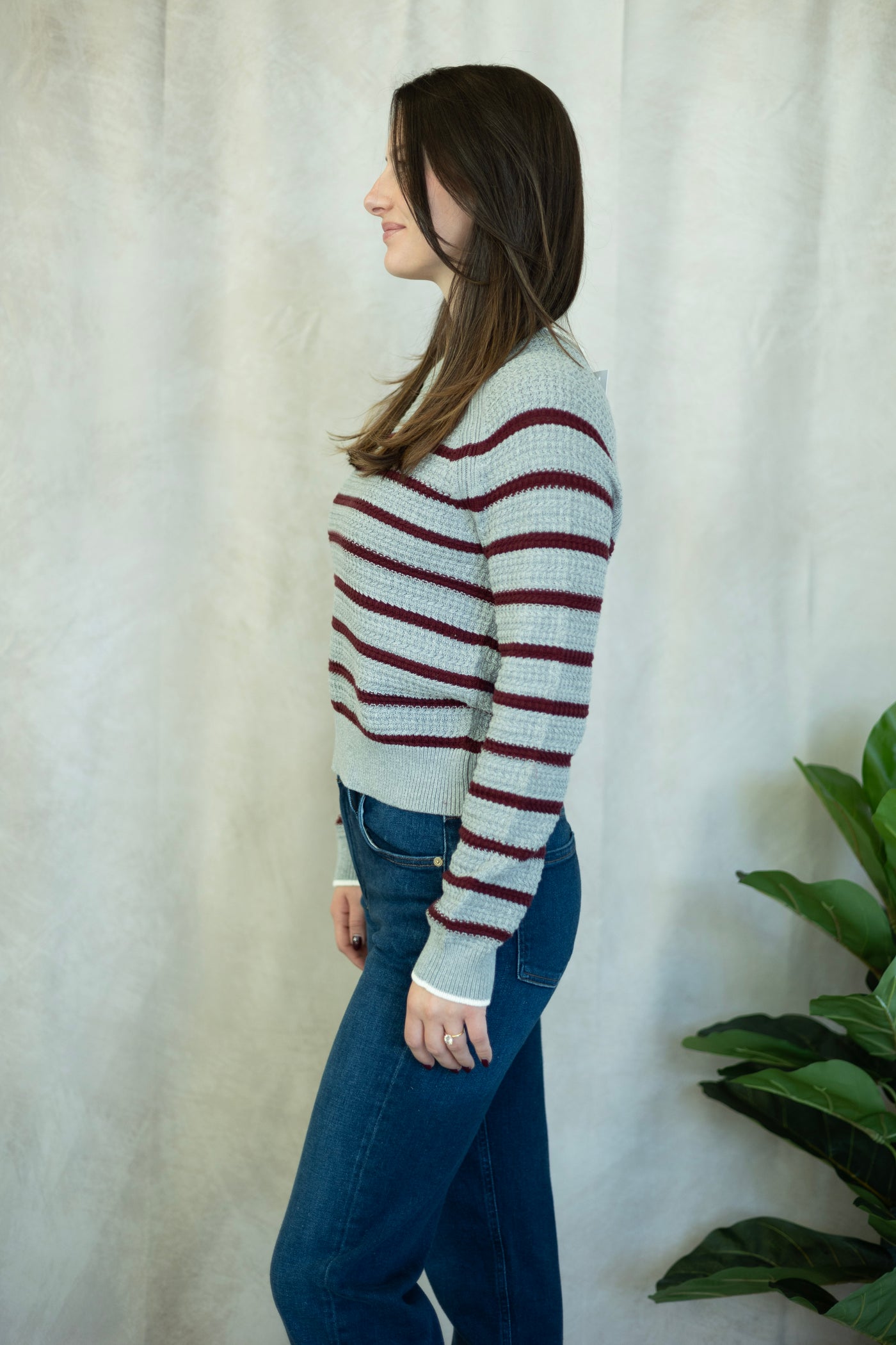 Gray and burgundy striped sweater