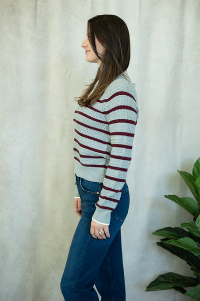 Gray and burgundy striped sweater
