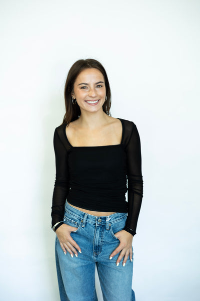 Square neck mesh long sleeve