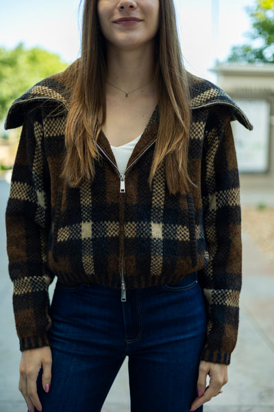 Cropped, plaid zip up jacket
