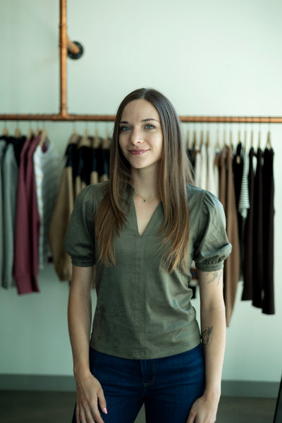 Olive green, suede, short sleeve blouse