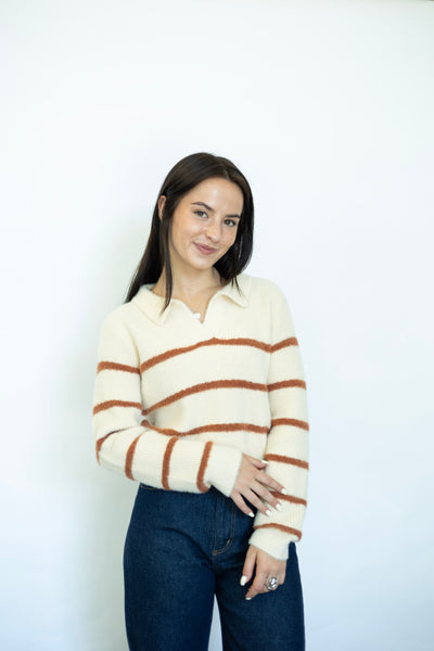 Tova Eyelash Yarn Collared Striped Sweater
