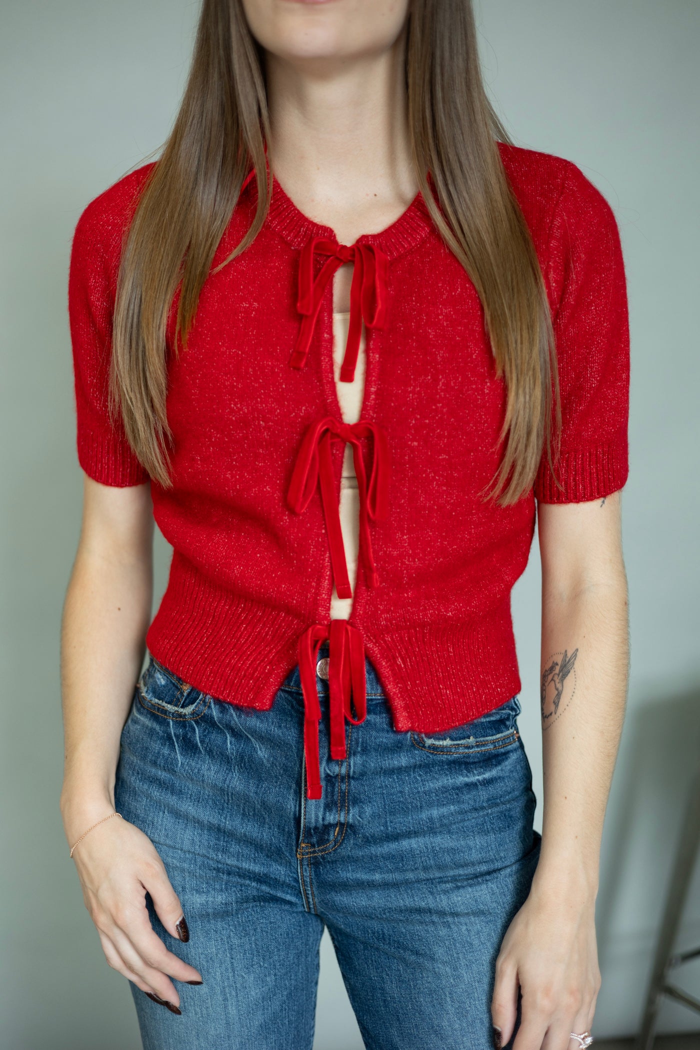 Red short sleeve sweater with bows
