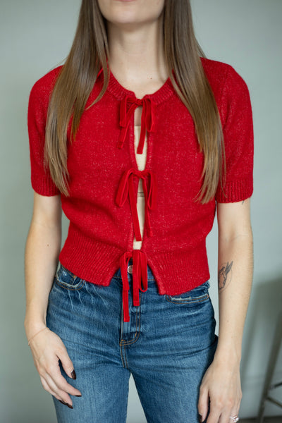Red short sleeve sweater with bows