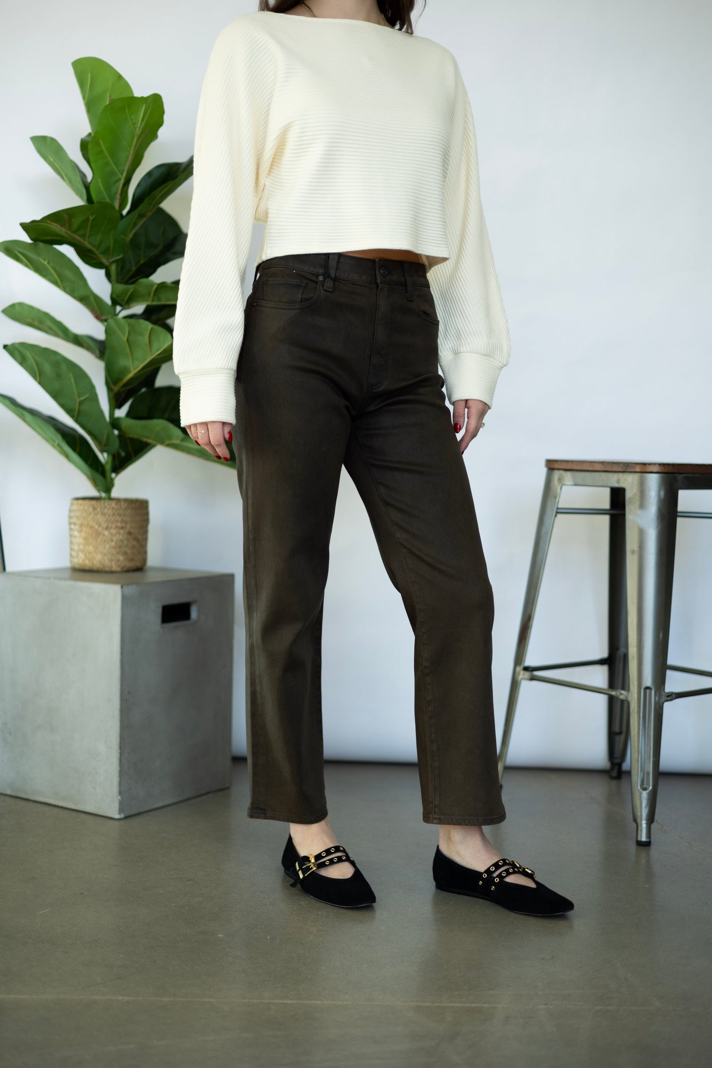 Brown, coated denim for women