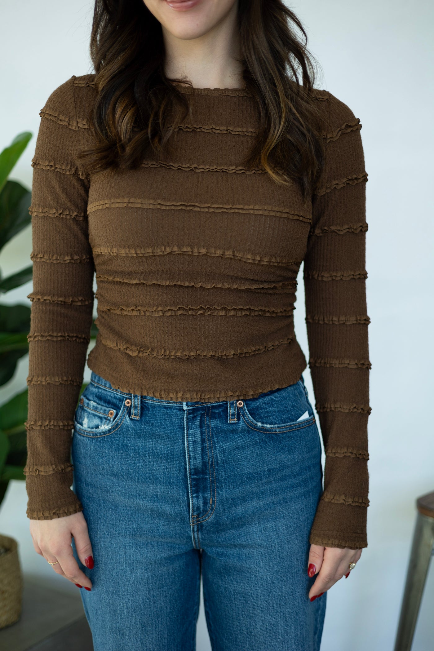 Brown long sleeve with ruffle stripes
