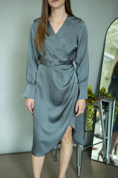 Gray, satin, midi dress