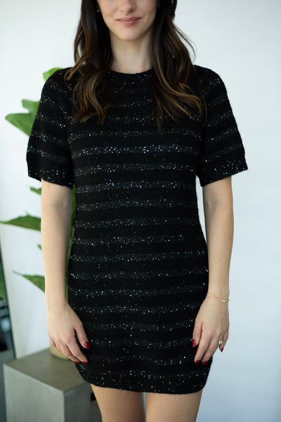 Black, sparkly sweater dress