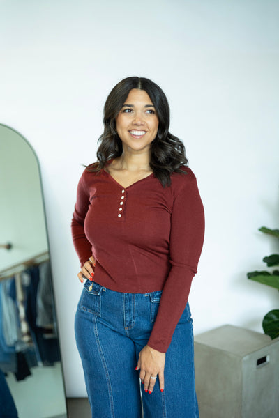 V Neck Button Closure Knit Top