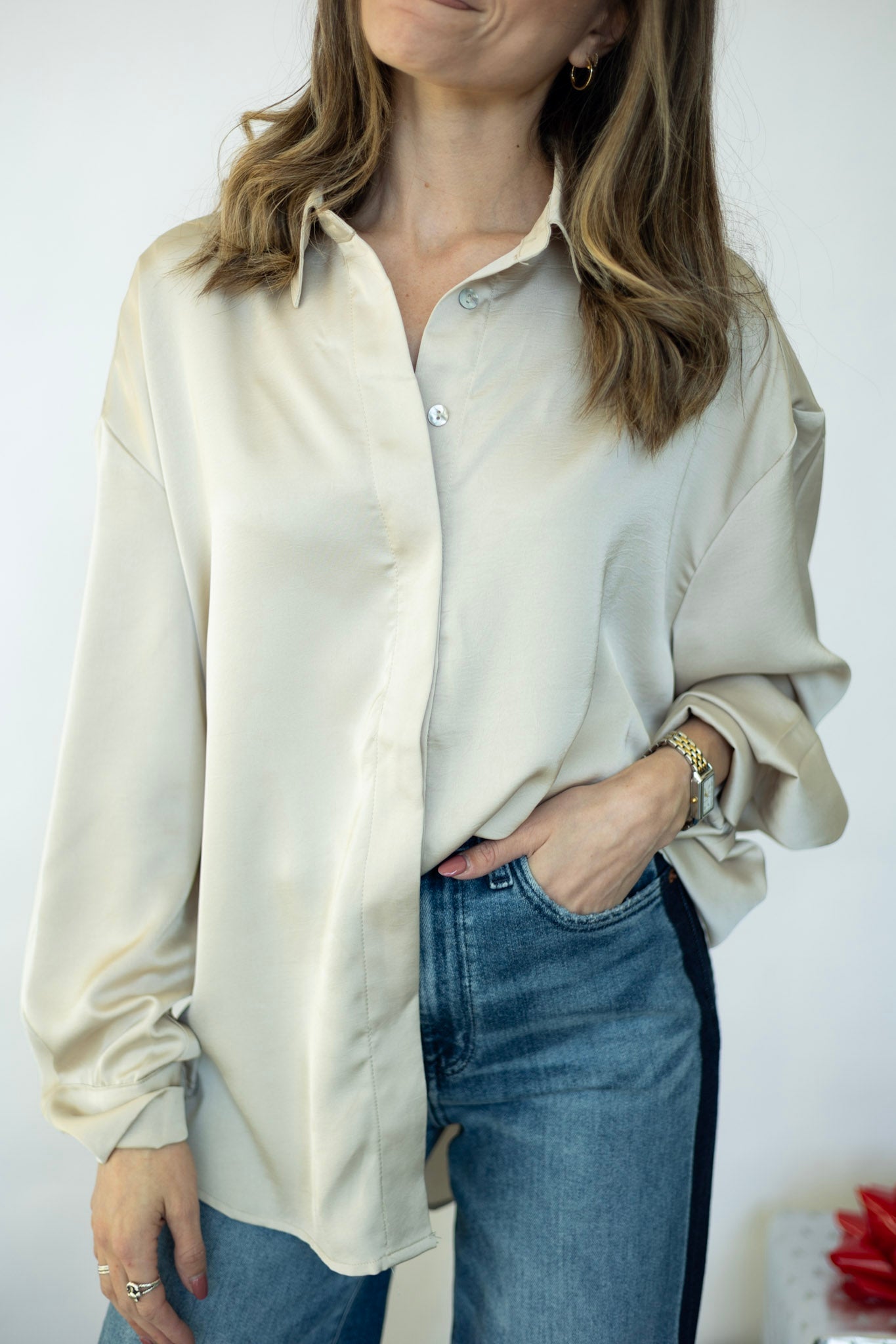 Cream satin blouse for women