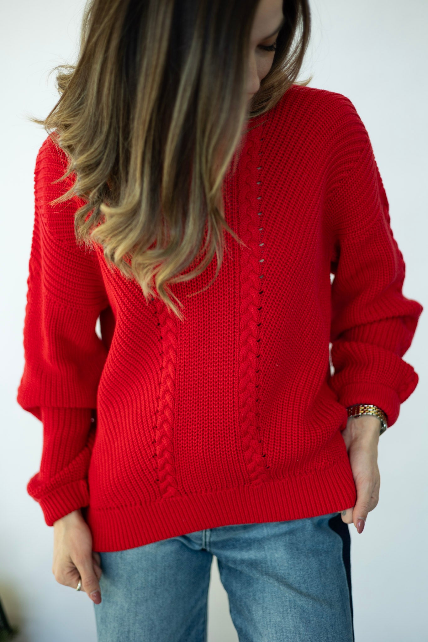 Bright red knitted sweater