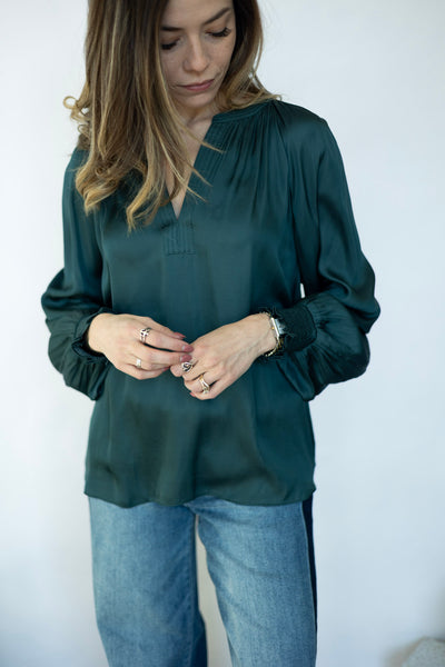 Green, long sleeve, satin blouse