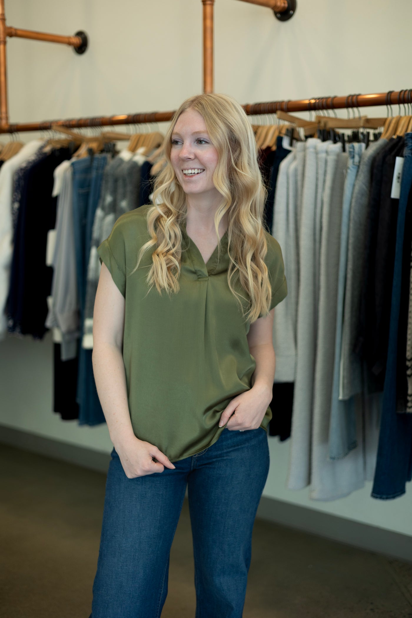 Green, satin, short sleeve blouse