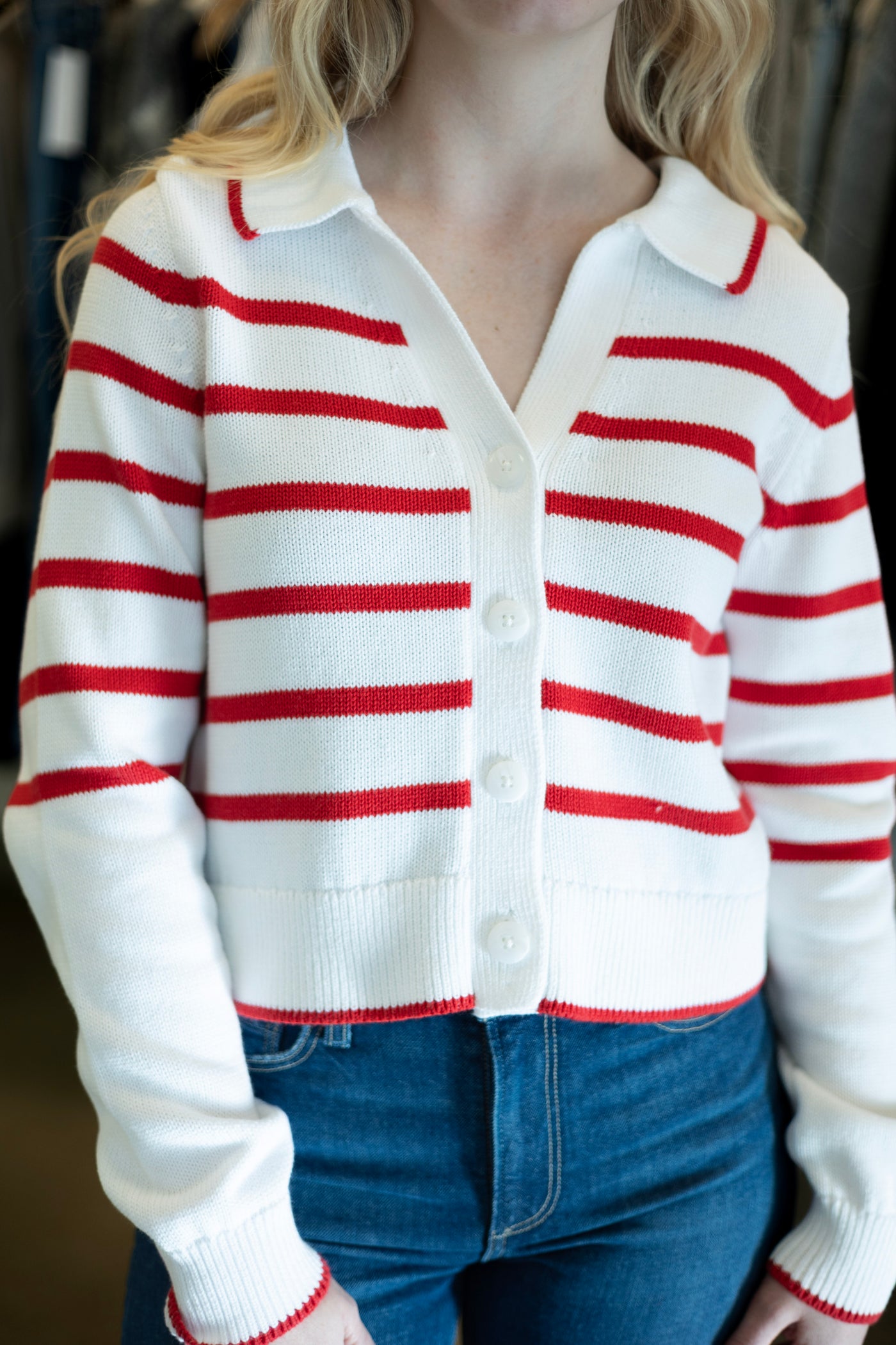 White & red striped cardigan