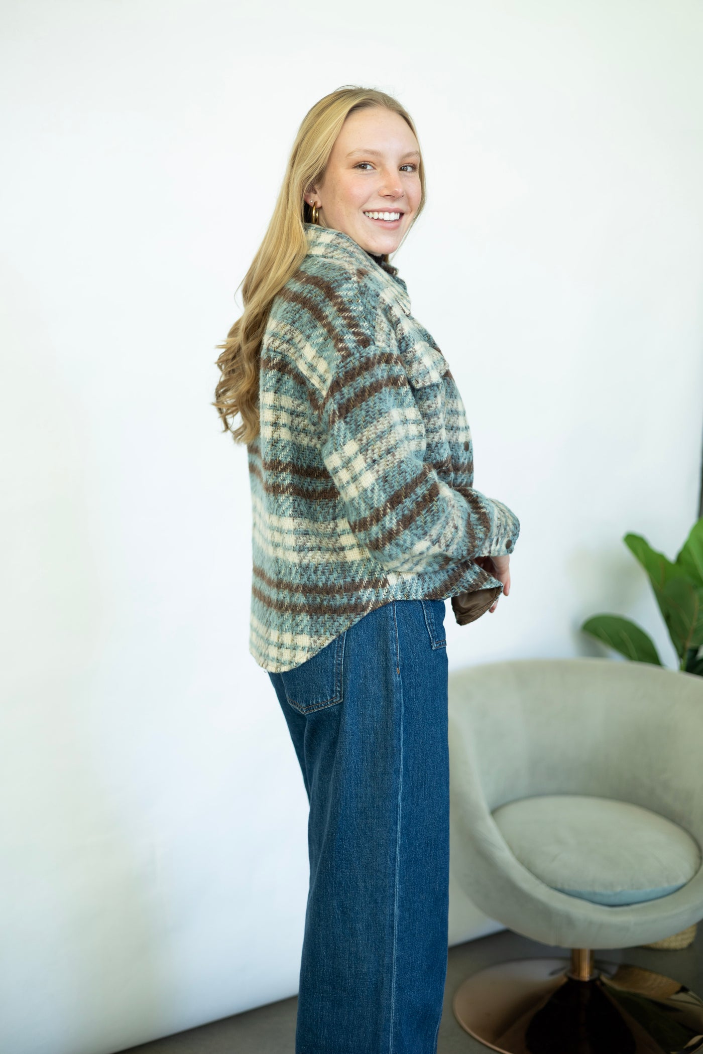 Brown, blue, and cream plaid shacket
