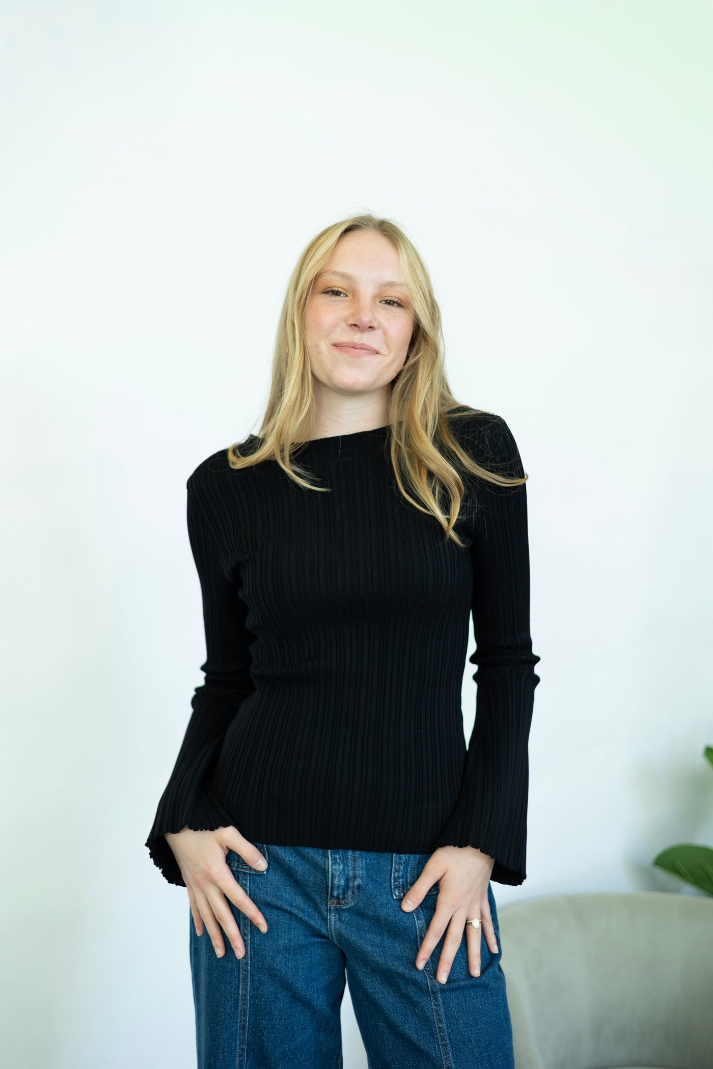 Ribbed black top with flare sleeves