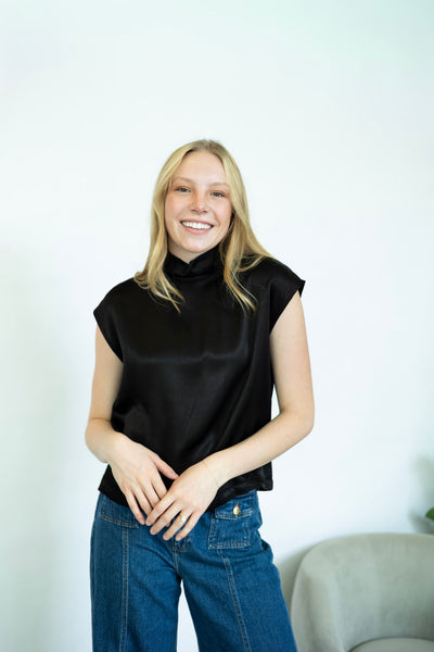 Satin, mock neck, short sleeve top