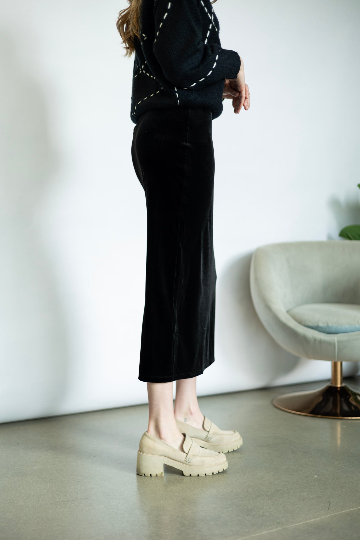 Black, Velvet midi skirt